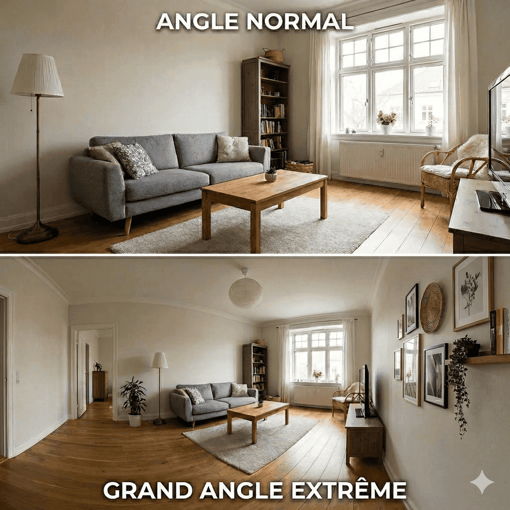 Comparaison angle normal vs grand angle extrême sur un salon