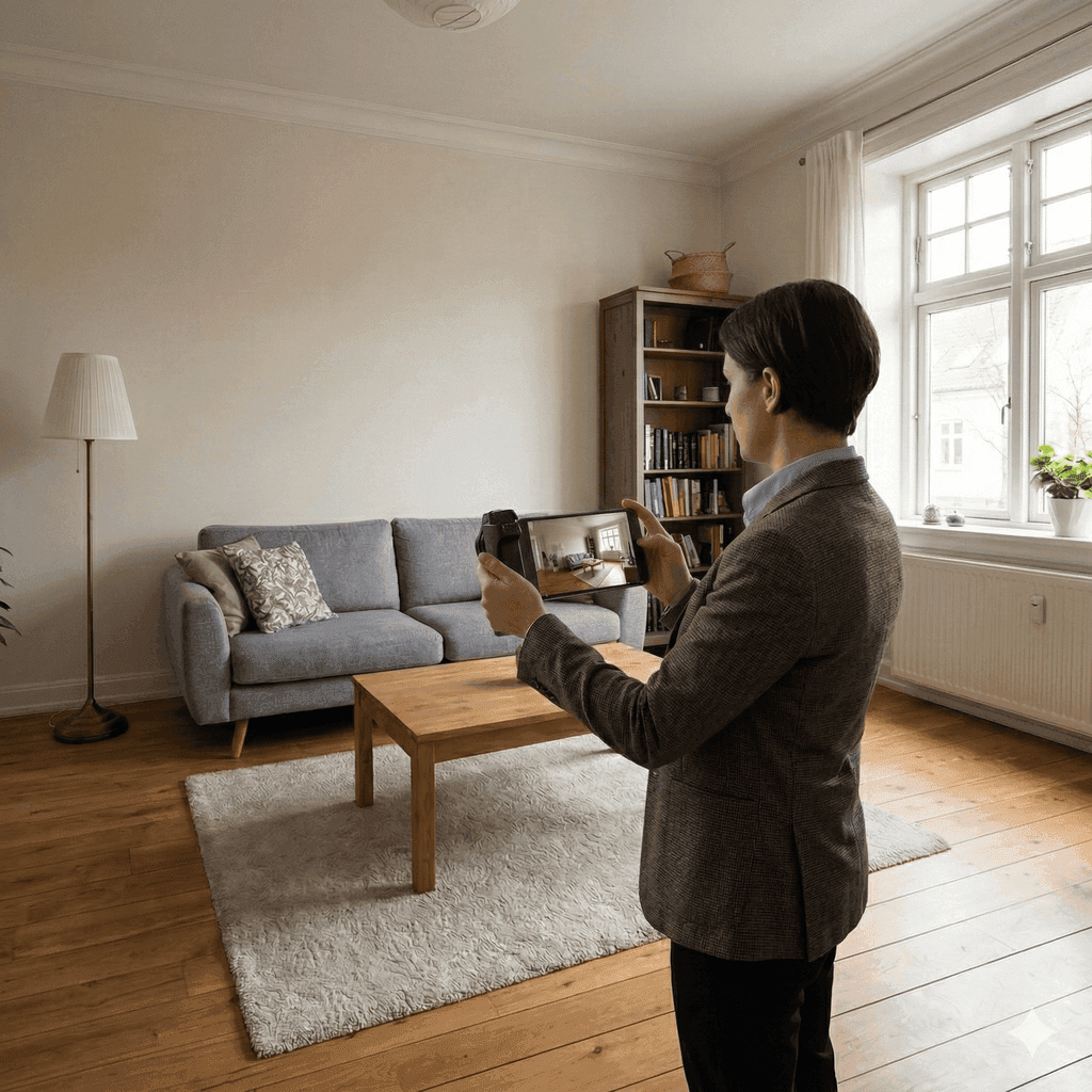 Agent immobilier photographiant un salon avec l'Objectif Grand Angle Extrême