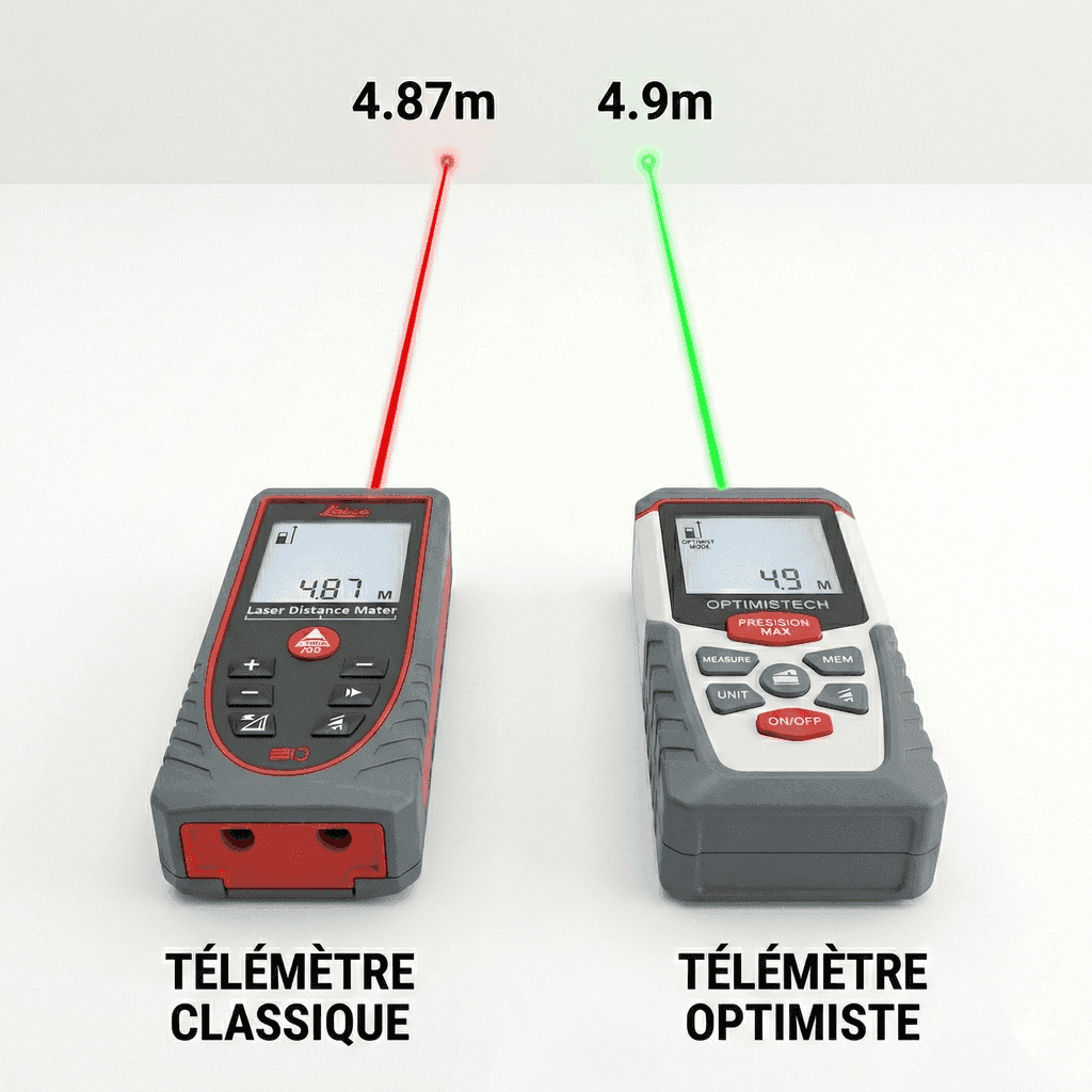 Comparaison entre un télémètre classique (4,87m) et le Télémètre Optimiste (4,9m)