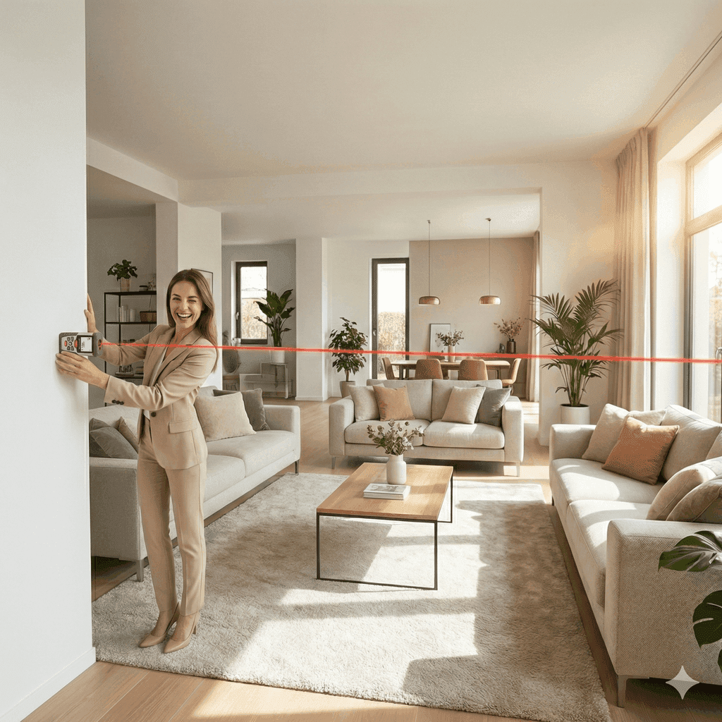Agente immobilière utilisant le Télémètre Laser Optimiste lors d'une visite
