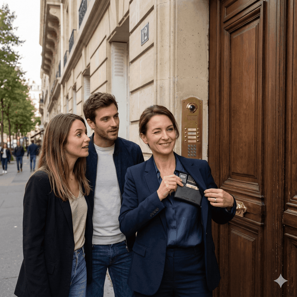 Agent immobilier utilisant le Trousseau Universel lors d'une visite